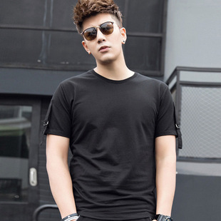 短袖男2018夏季韩版宽松t恤男装个性飘带潮流半截袖黑色上衣服潮