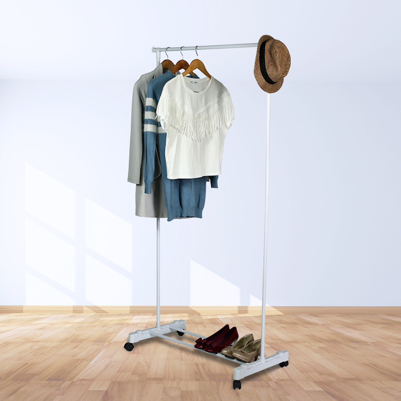 美观带滚轮可移动晾衣架 白色烤漆多功能金属单杠晾衣架厂家直销