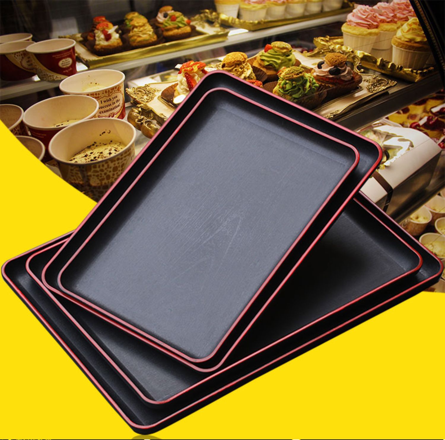 塑料仿木纹红边日式长方形创意酒店快餐上端菜餐厅面包店托盘商用