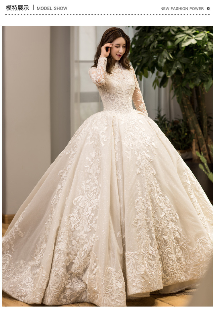 主婚纱2020新款新娘森系法式轻赫本复古保守立领长袖拖尾重工夏季