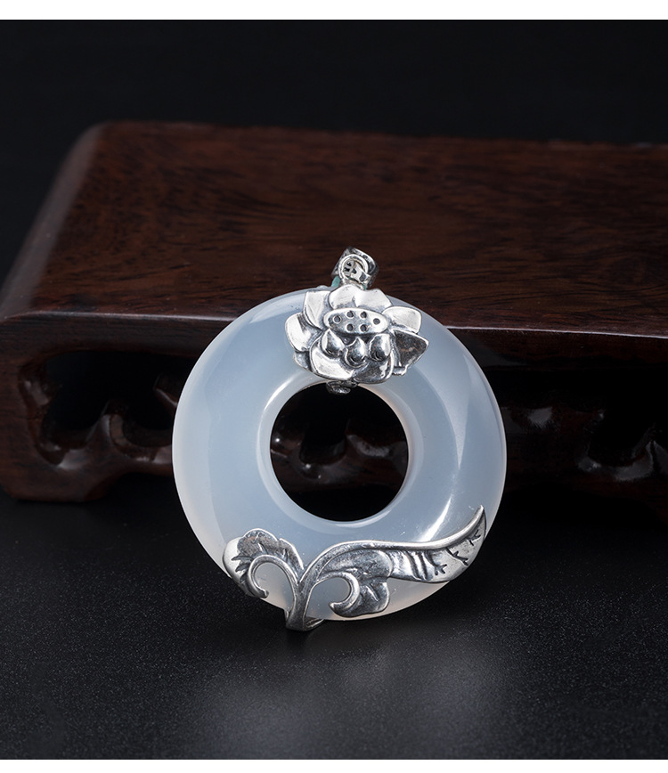 银迷s925银吊坠男女2019新款潮复古宫廷气质莲花玉髓平安扣挂件