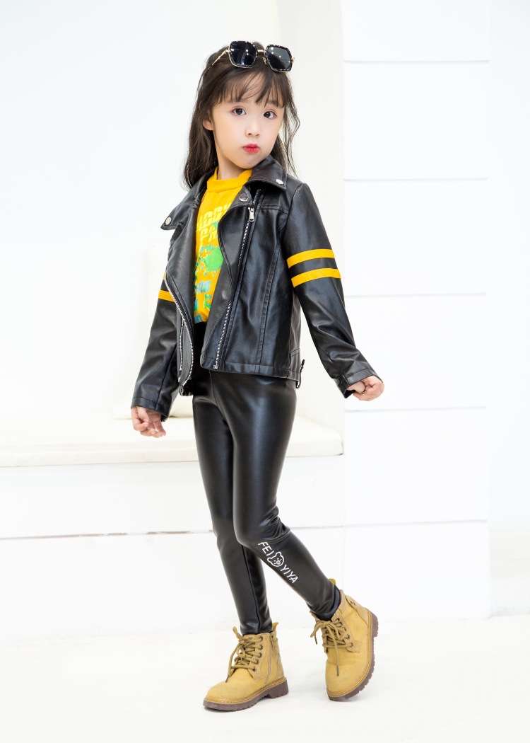 2020童裤秋冬加绒刺绣小熊卡通印花女童pu皮裤儿童修身弹性打底裤