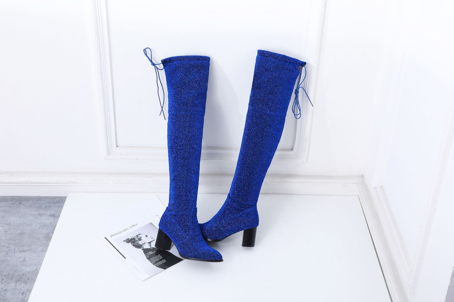 外贸过膝长靴女士秋冬新款高跟欧美金线布面大尺寸40-48码z6-7