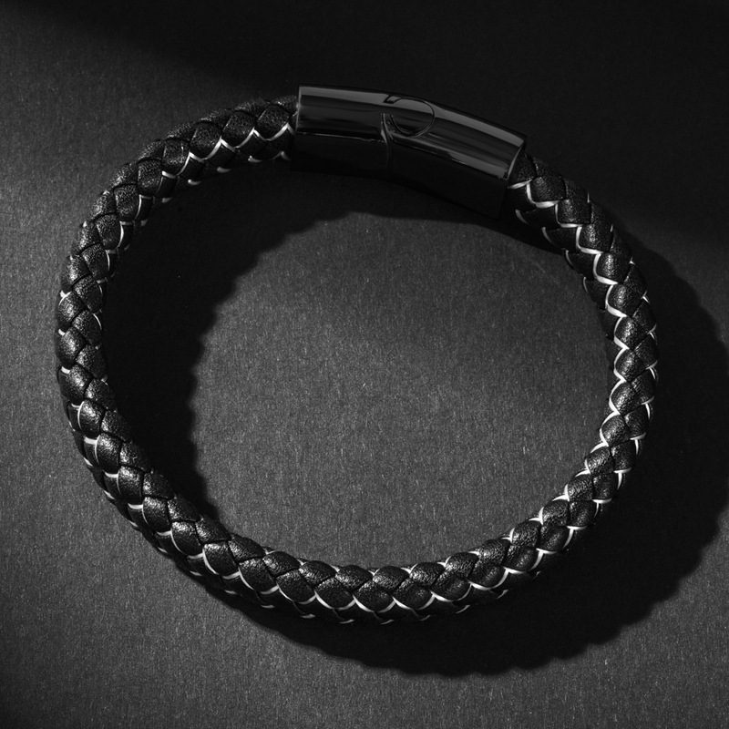 亚马逊热销 钛钢黑色编织皮手镯 欧美时尚简约精品男士女士皮手环