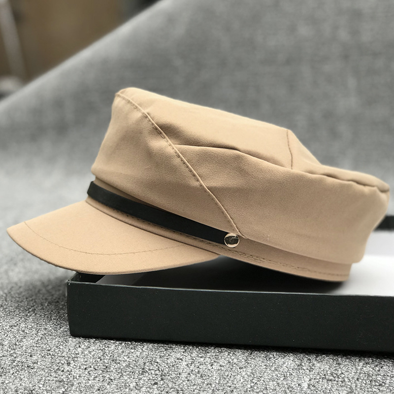 学院风皮带装饰休闲百搭平顶帽鸭舌帽女韩版海军帽男士鸭舌帽潮帽