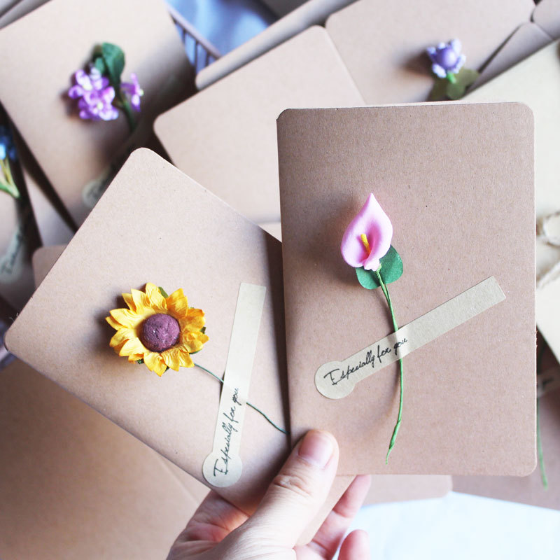 创意diy复古牛皮纸手工小花贺卡生日卡圣诞节情人节祝福折叠卡