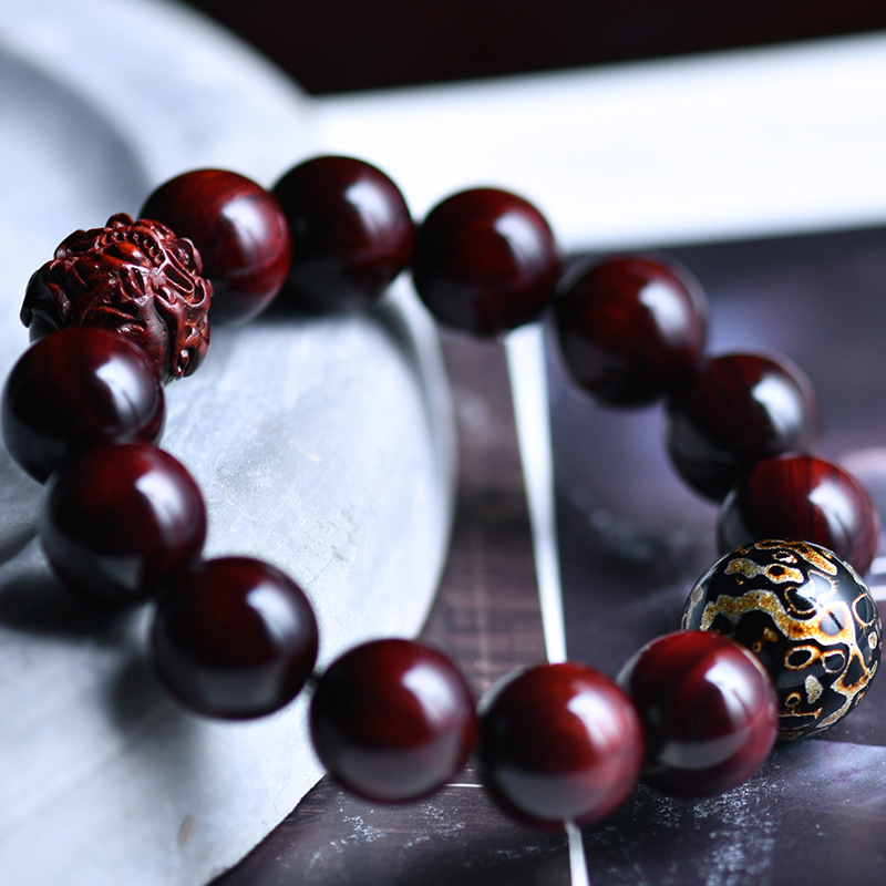 印度小叶紫檀1.5佛珠手串创意大漆珠貔貅雕刻隔珠批发diy礼品手串