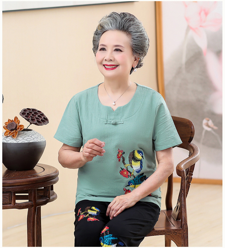 中老年人女装夏装短袖t恤上衣60岁奶奶装70夏天老人衣服绣花套装
