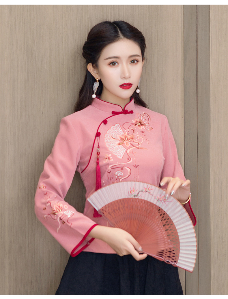 唐装女士上衣新款中国风短款旗袍上衣中式复古绣花唐装茶艺服女