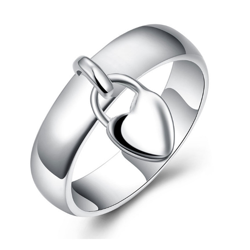 镀银欧美婚礼吊心锁经典女士戒指指环首饰心形饰品情侣6-10码