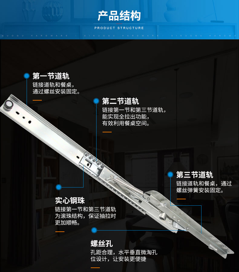 缓冲阻尼跳台滑轨 岩板餐桌餐台折叠升降轨道滑道路轨 重型导轨