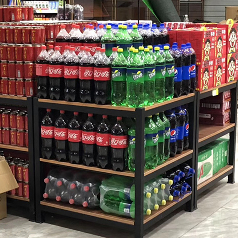 超市堆头货架便利店牛奶架饮料展示架食用油钢木架促销台洗化地堆