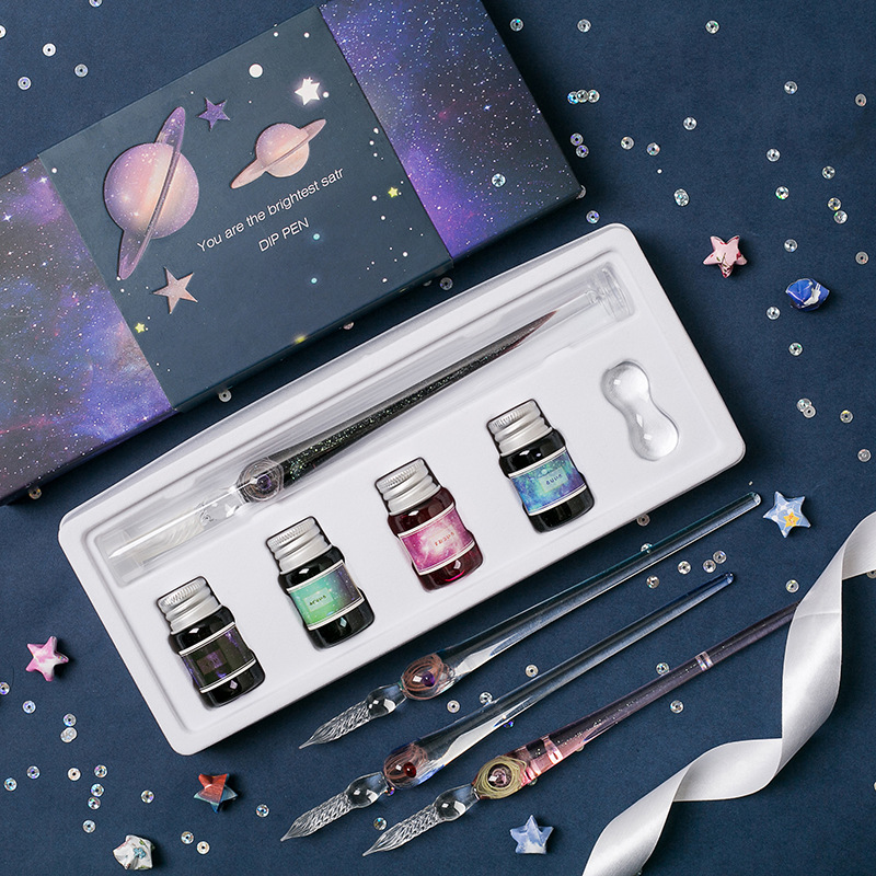 星空玻璃笔套装定制学生蘸水笔礼盒装文具钢笔彩色墨水沾水笔礼品
