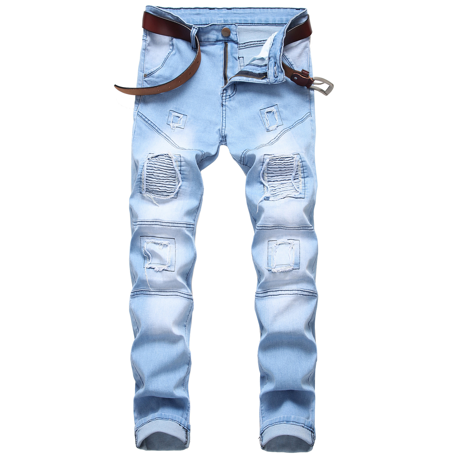 Cross-Border Supply Men's Stretch Black Jeans Motorcycle Miscellaneous Stitching Men's Jeans Denim Trousers