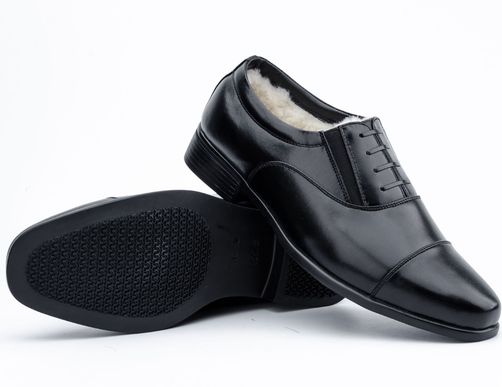 07b毛皮鞋三接头皮鞋校尉常服皮鞋冬加绒军黑色男免系鞋低腰训练