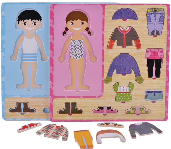 直销木制男孩女孩换衣拼图换装玩具儿童益智