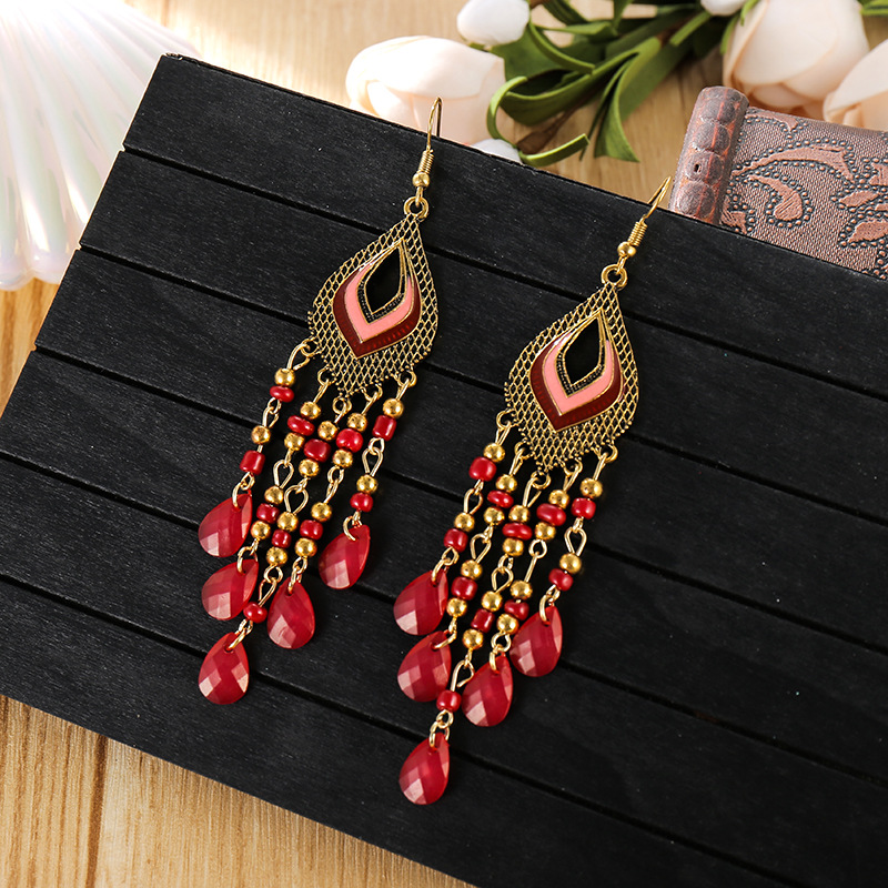 European and American New Hollow Water Drop Trendy Earrings Women's Ethnic Style Beads Earrings Retro Color Travel Holiday Accessories