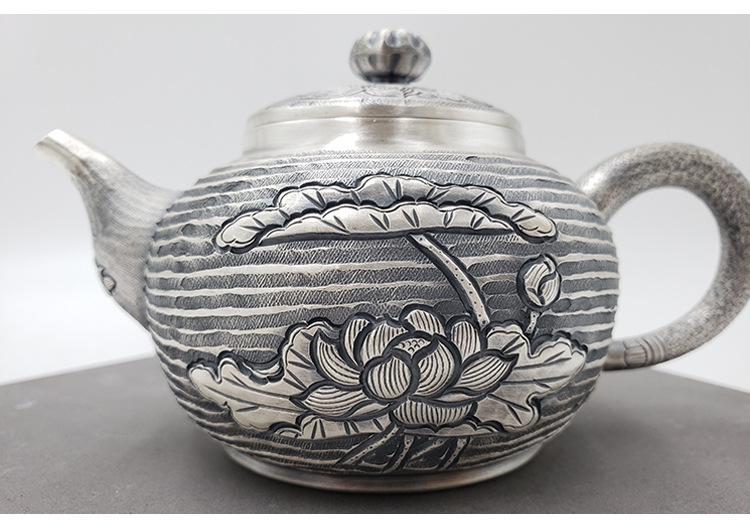 银制仿古水纹荷花小壶 手工银茶壶具礼盒 批发办公室烧水壶