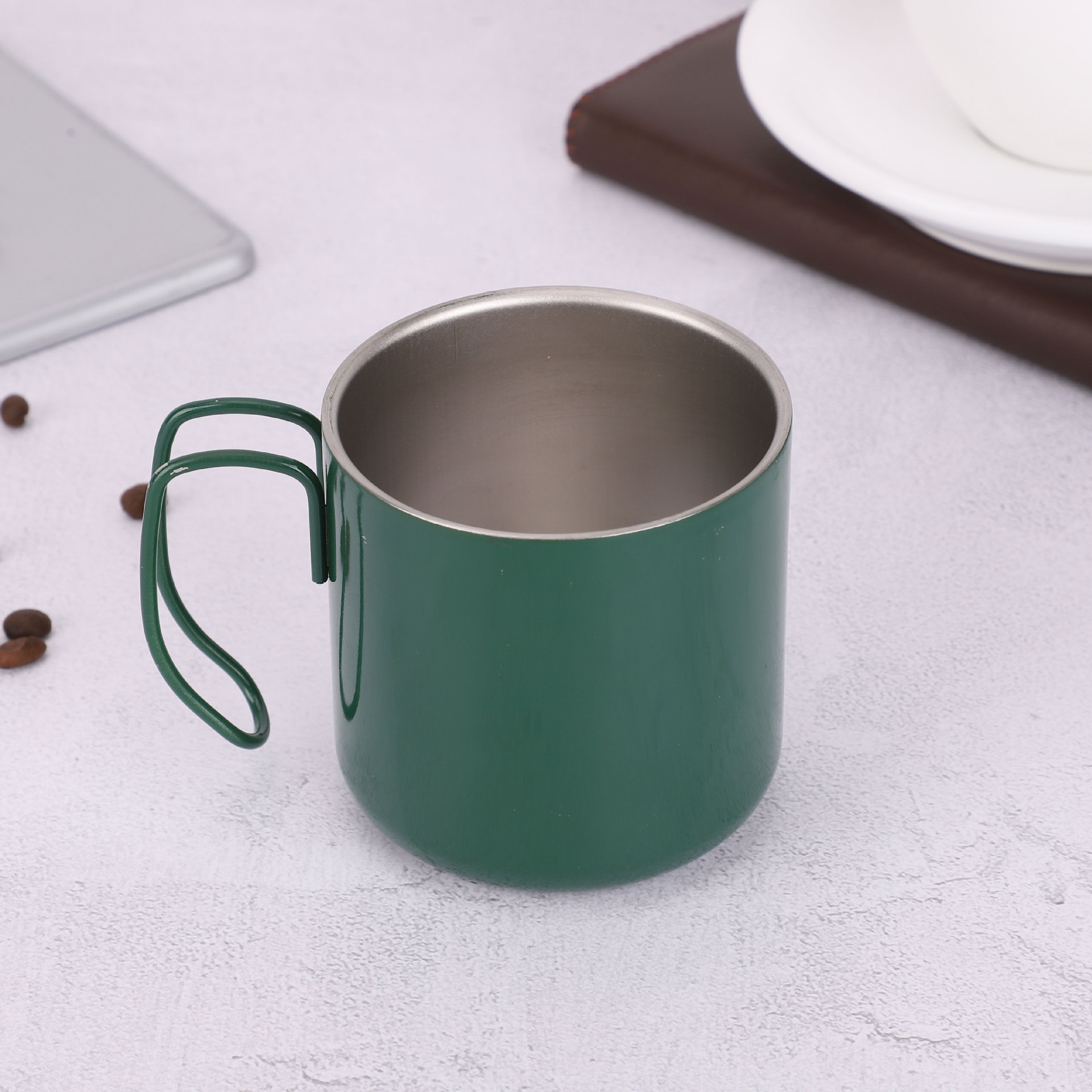 跨境专供创意便携式不锈钢口杯带钢丝手柄咖啡杯随手双层马克杯