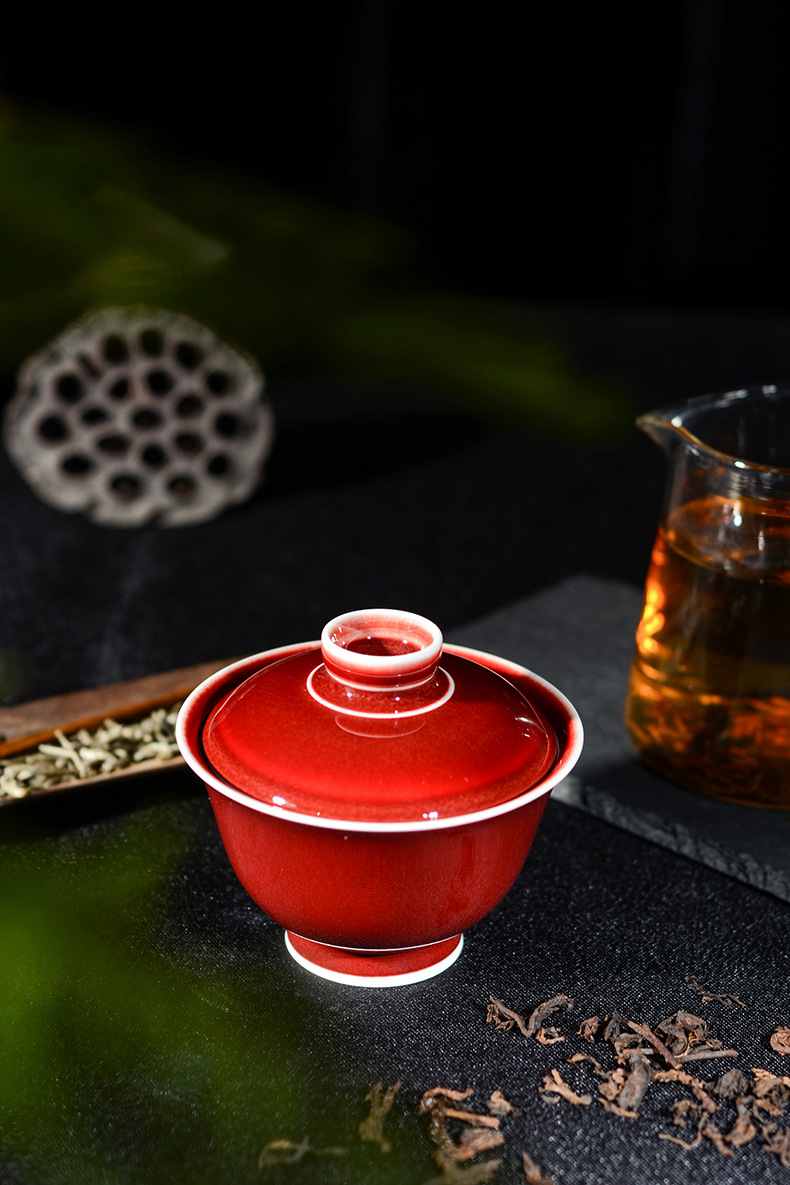 郎红盖碗茶杯茶具景德镇郎窑红釉无托复古手工陶瓷功夫泡茶碗