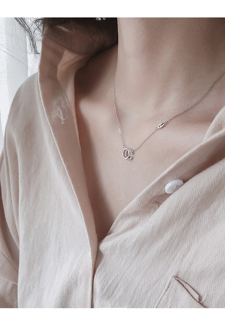 925纯银项链女 韩版双c锁骨链 简约小清新学生气质森系大方首饰品