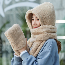 厂家批发韩版冬季围脖连体三件套双层加厚保暖帽子围巾手套一体