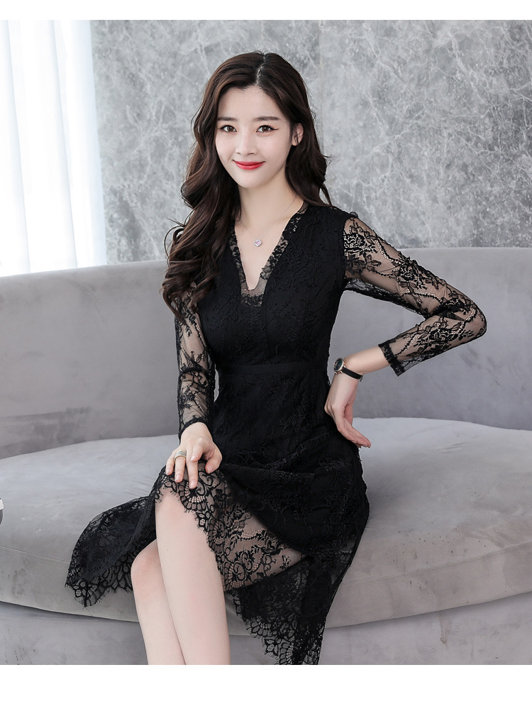 2019新款女春夏装韩版九分袖v领性感蕾丝连衣裙透视打底裙子