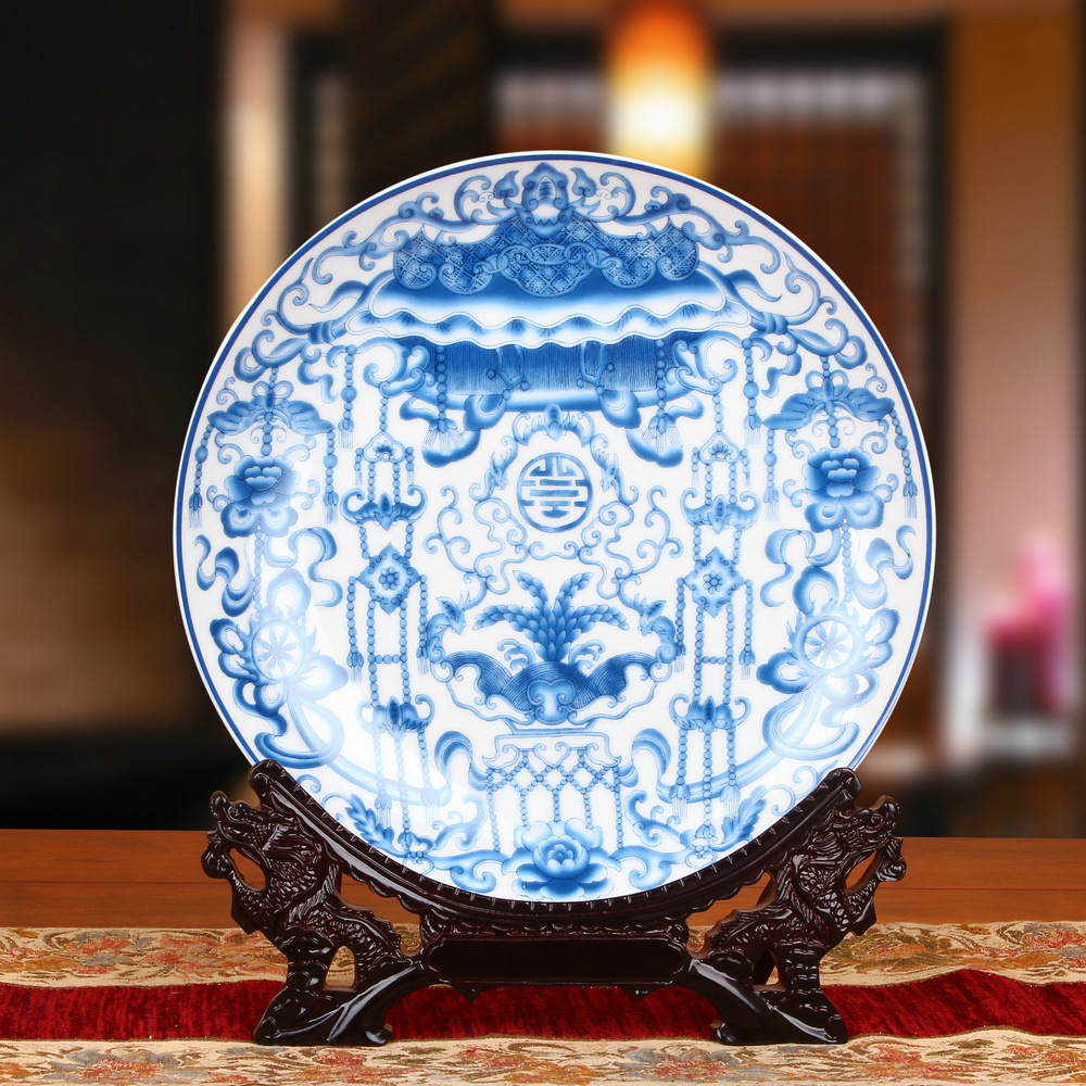 景德镇陶瓷器青花八宝纹坐盘子花盘挂盘明清古典家居装饰摆件