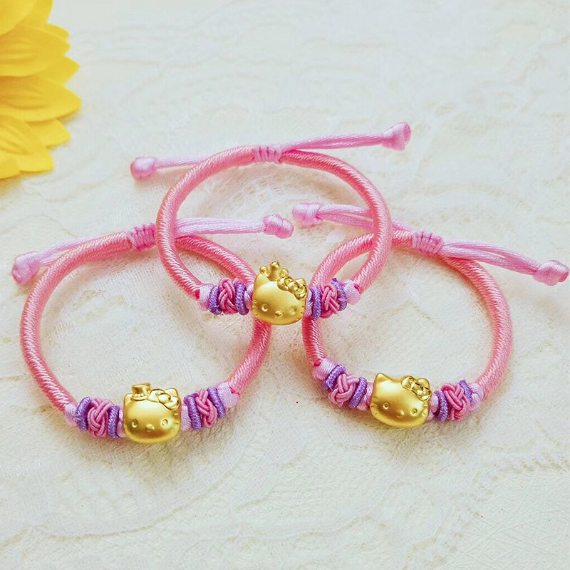 新款kt猫宝宝婴儿24k黄金手链9999足金女纯金珠细款小孩编织绳