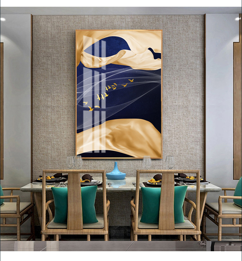 金色飘带飞鸟意境三联晶瓷装饰画客厅现代轻奢组合玄关餐厅挂画