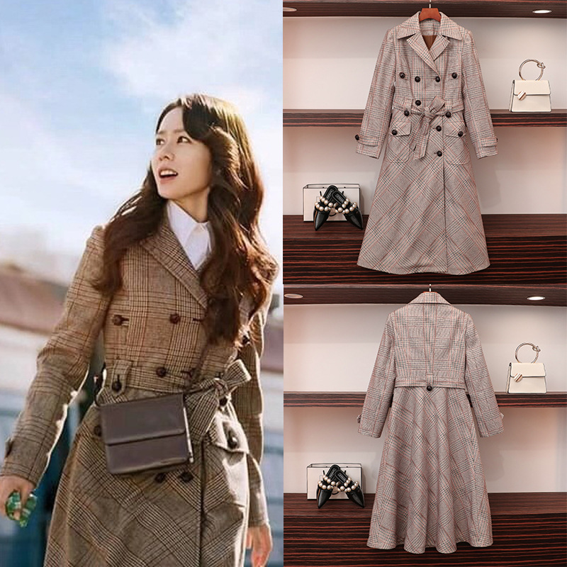 韩剧爱的迫降尹世利孙艺珍同款复古英伦格子双排扣中长款风衣外套