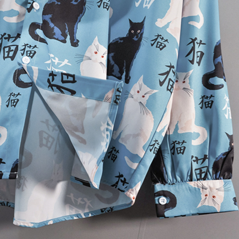 蓝色猫奴印花衬衫男长袖韩版宽松很仙的日系设计感气质慵懒风外套