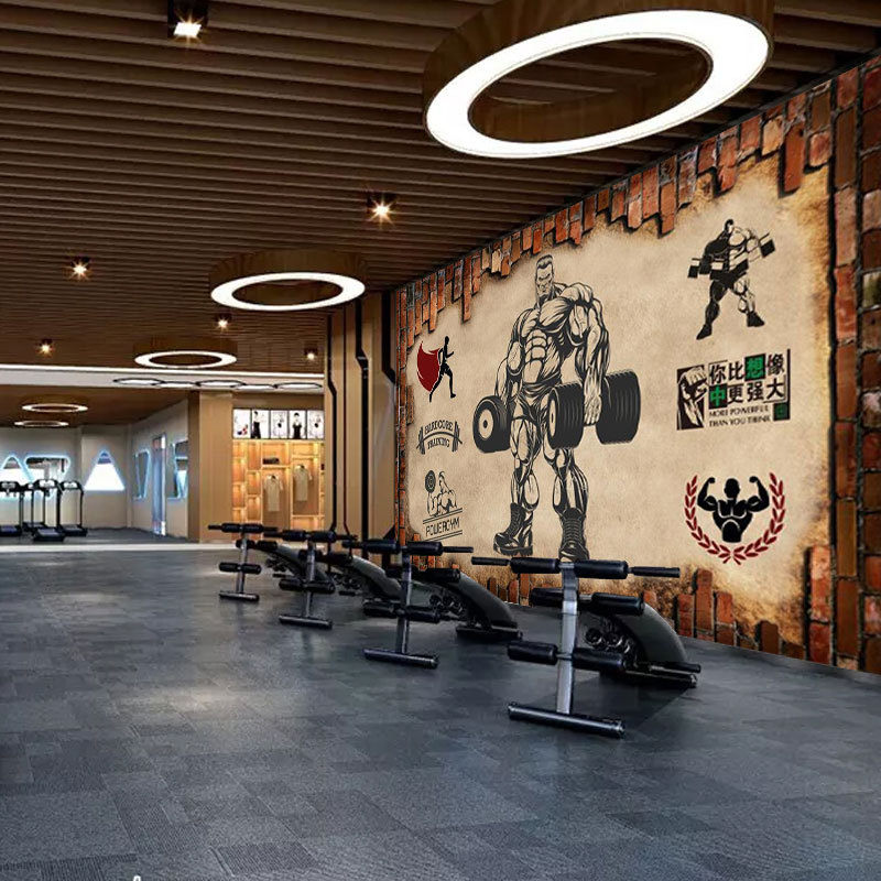 个性3d运动涂鸦健身房壁纸手绘肌肉男跆拳道拳击背景墙纸装修墙布