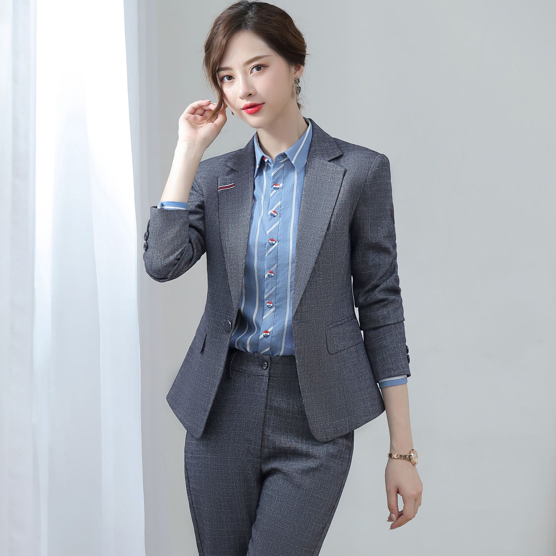 西服套装女神范灰色西装女士秋季职业装正装时尚ol气质韩版工作服