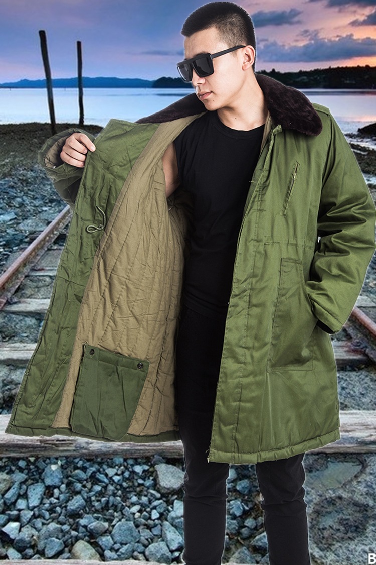 配发87士兵棉大衣中长军大衣带护膝陆空草绿防寒棉服骑车防寒服