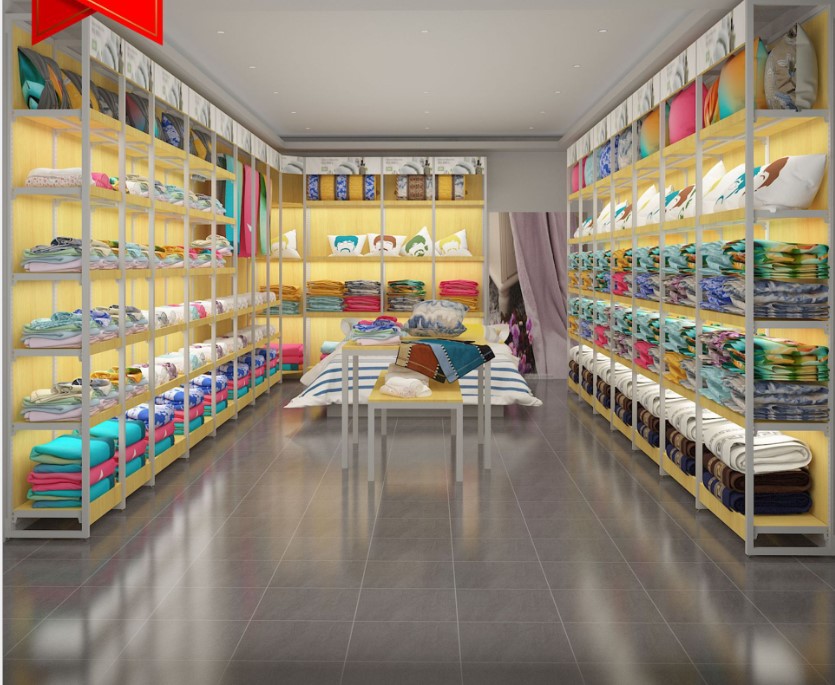 超市床上用品展示架 家纺家居用品货架 自由组合钢木结合家纺展柜