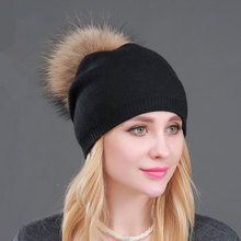 外贸跨境秋冬季女针织羊毛帽皮草貉子球保暖毛线帽时尚女士套头帽