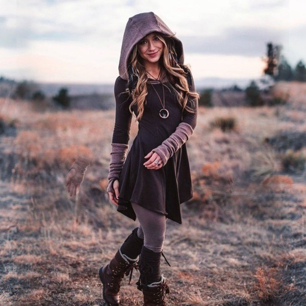 2020wish欧美复古文艺长袖系带收腰连帽连衣裙