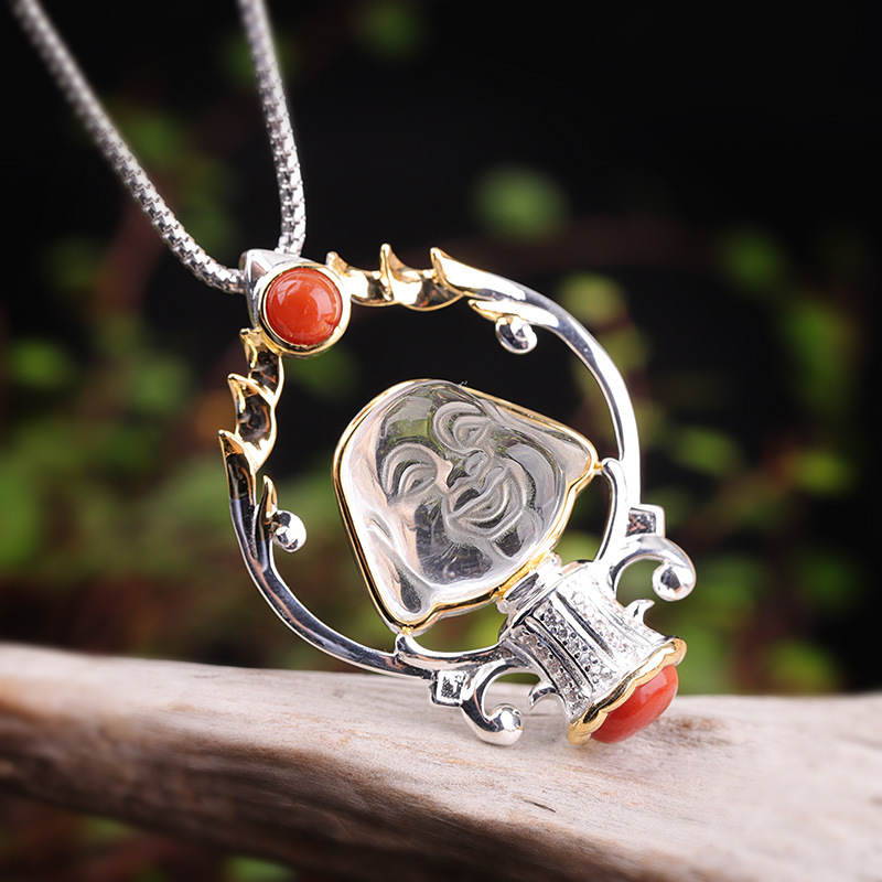 一打珠宝厂商直销佛教用品s925银饰品民族女士白水晶笑脸佛吊坠