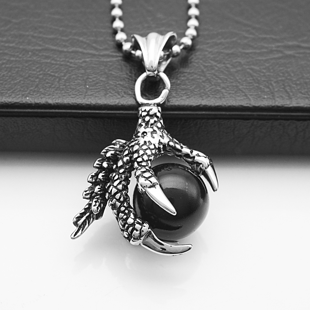ebay速卖通亚马逊货源 压铸复古朋克龙爪黑珠男款吊坠 钛钢项链