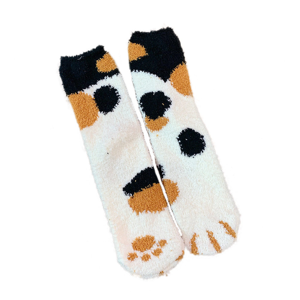 冬季加厚保暖毛绒珊瑚绒中筒袜子可爱甜美卡通猫咪猫爪居家地板袜