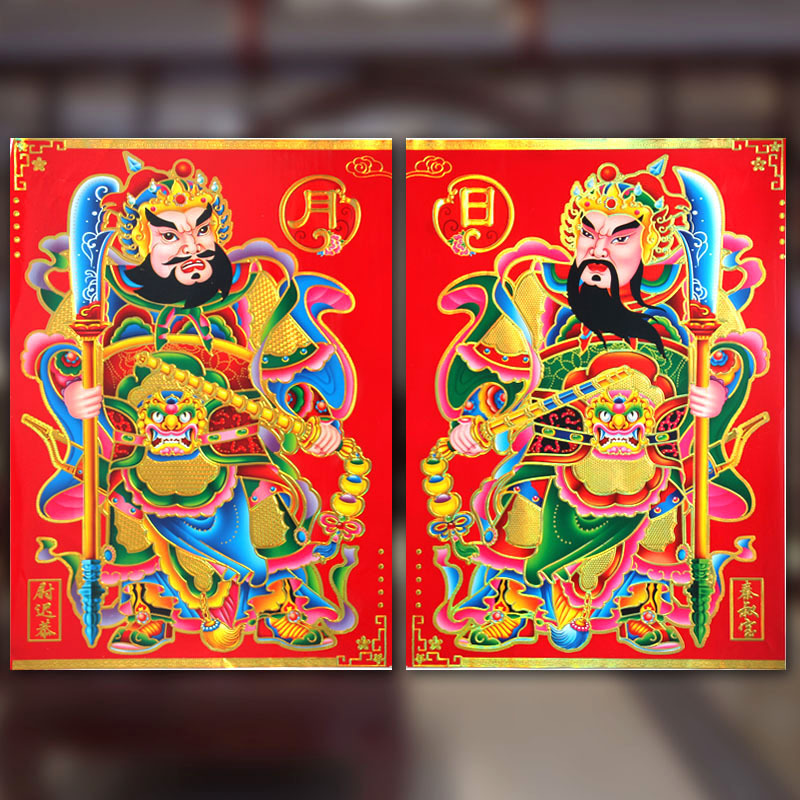 厂家现货直供新款日月门神门贴年画 2022虎年春节烫金门神贴