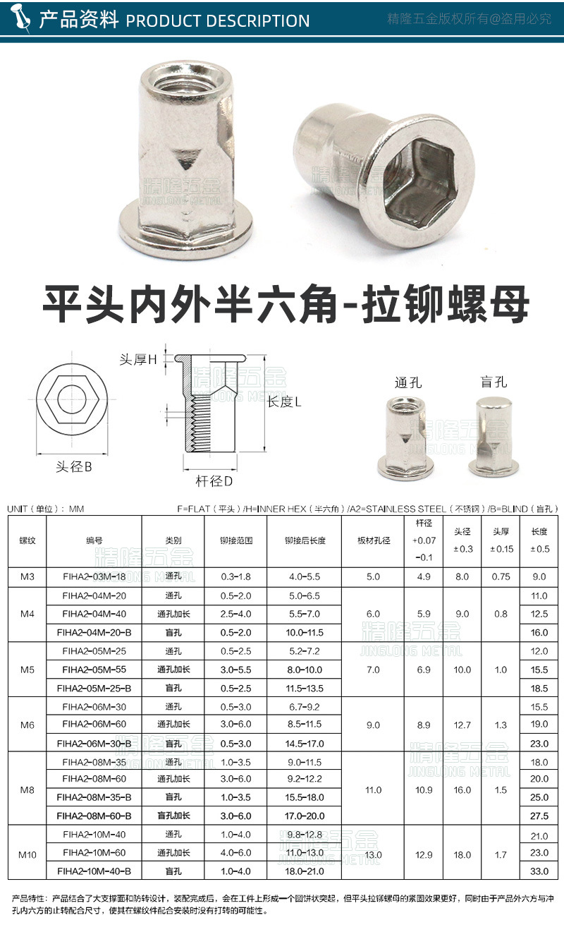 平头小头内外半六角拉铆螺母不锈钢薄板材连接通盲孔家具防滑拉帽