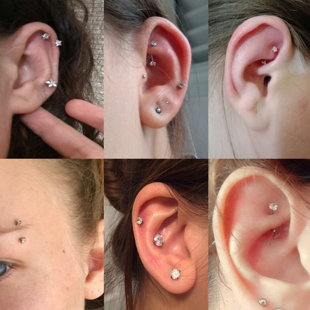 不锈钢耳钉唇钉双头圆形锆石眉钉 黑金钢色弯杆鼻钉脐钉穿刺饰品