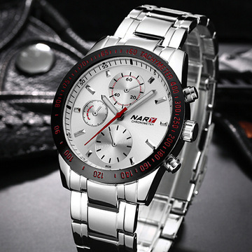 nary/耐瑞 新款正品男士手表商务时尚三眼防水钢带石英表厂家直销