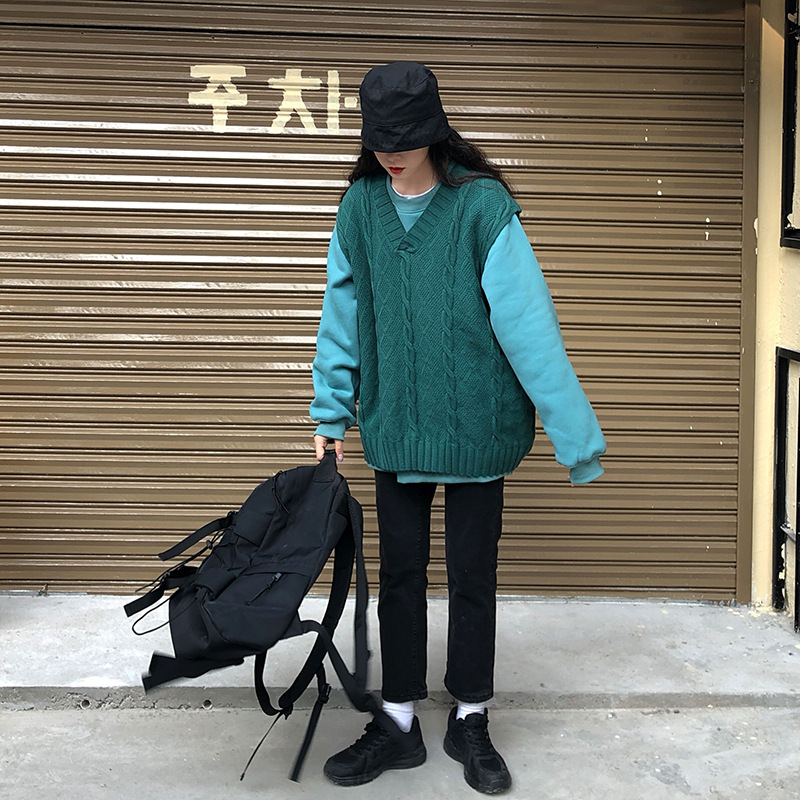 实拍 加绒加厚卫衣 宽松v领背心针织外穿马甲