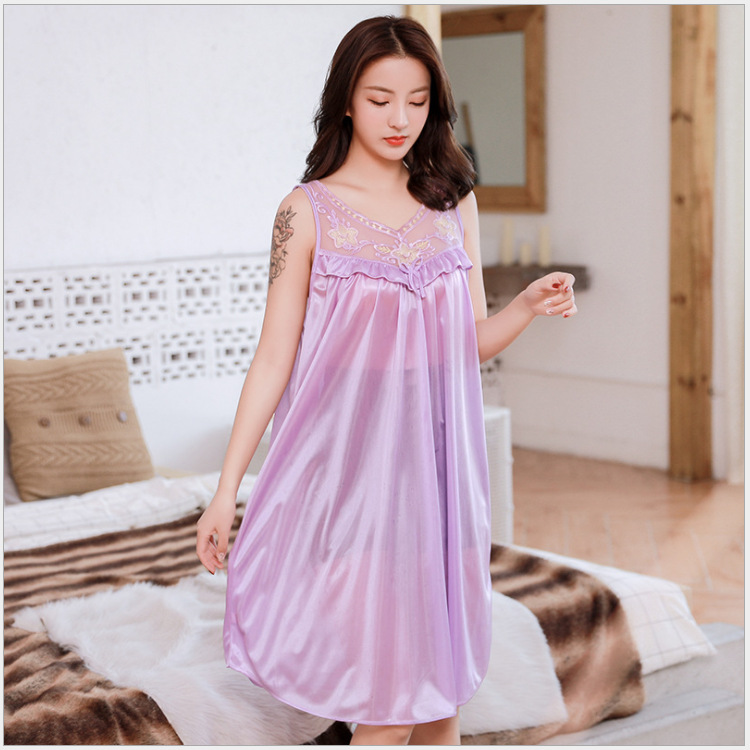 春夏季仿真丝睡裙女士性感情趣睡衣夏冰丝绸蕾丝大摆裙纯色家居服