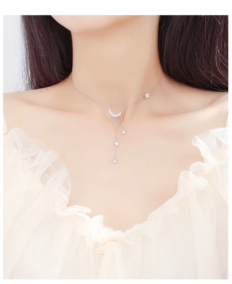 925纯银星星月亮流苏项链女韩版锁骨链简约网红学生个性森系潮