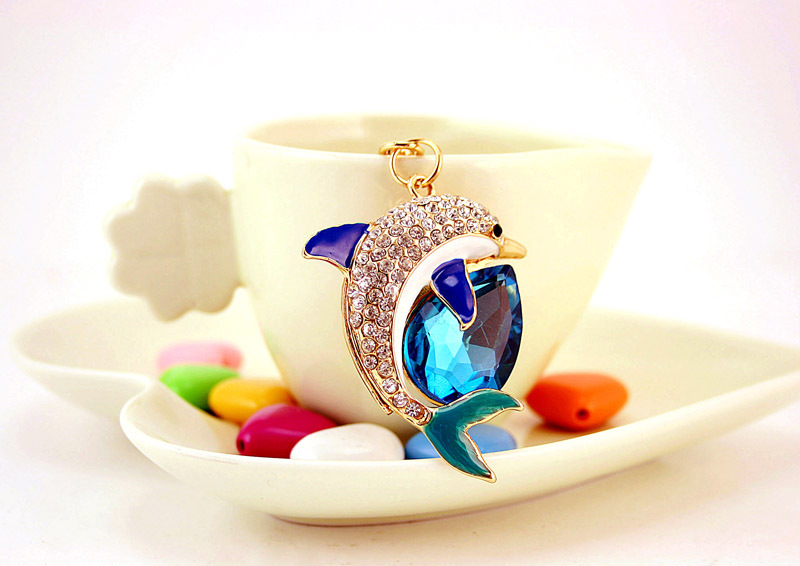 创意可爱镶钻水晶宝石海豚钥匙扣女包配饰海洋动物钥匙链金属挂件