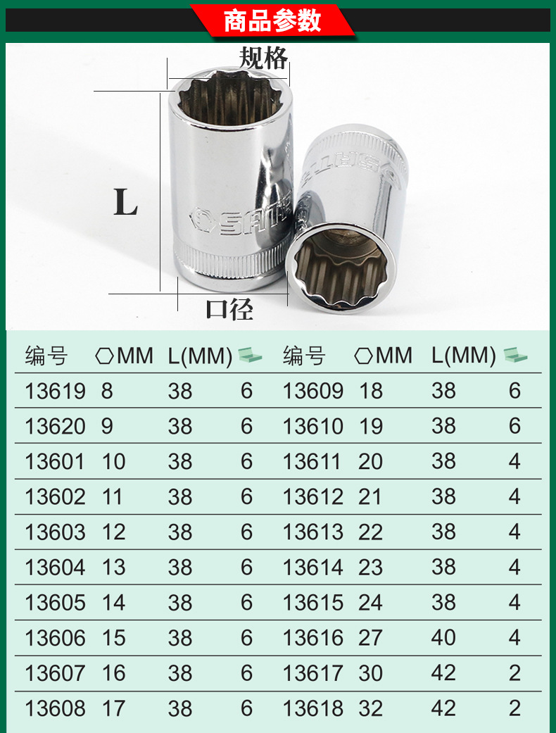 世达12角套筒汽修汽保五金工具套筒1/2大飞套筒梅花 13601-13619